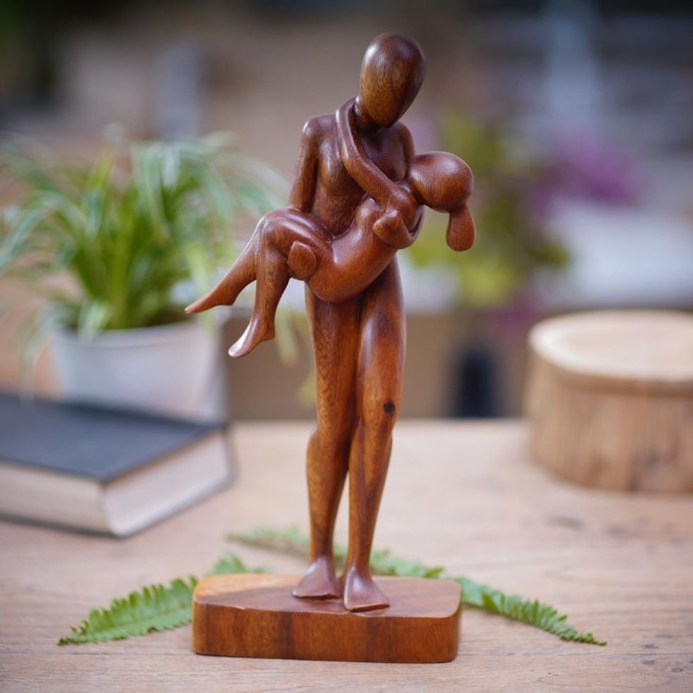 Family-Themed Suar Wood Sculpture from Bali 'Hug Me Tight'