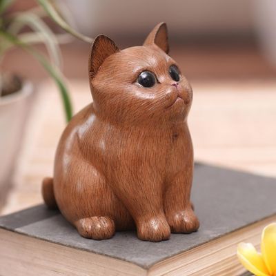 Alternate image for Wood Figurine of Adorable Cat Hand-Carved in Bali Cozy Cat