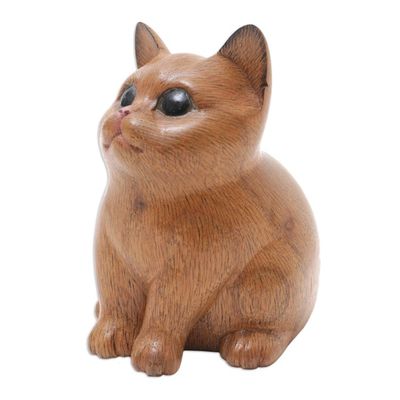 Alternate image for Wood Figurine of Adorable Cat Hand-Carved in Bali Cozy Cat