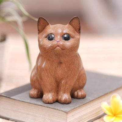 Alternate image for Wood Figurine of Adorable Cat Hand-Carved in Bali Cozy Cat