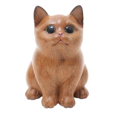 Alternate image for Wood Figurine of Adorable Cat Hand-Carved in Bali Cozy Cat