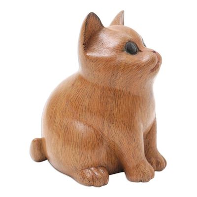 Alternate image for Wood Figurine of Adorable Cat Hand-Carved in Bali Cozy Cat