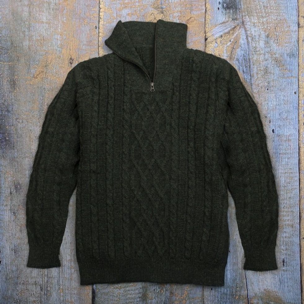 Men's Zip-Neck Alpaca Sweater 'Woodland Walk in Moss'