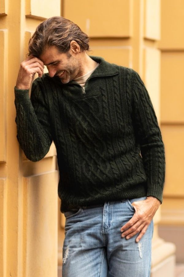 Alternate image for Mens Zip-Neck Alpaca Sweater Woodland Walk in Moss