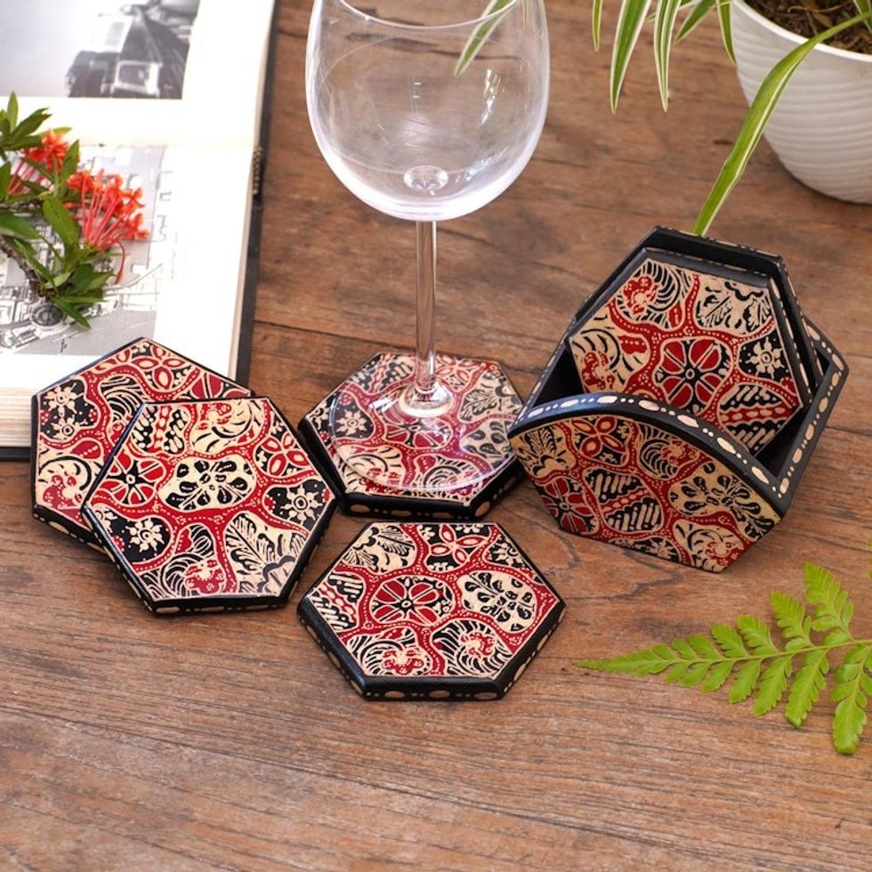 Red and Black Floral Batik Set of Six Wadang Wood Coasters 'Sekarjagad'