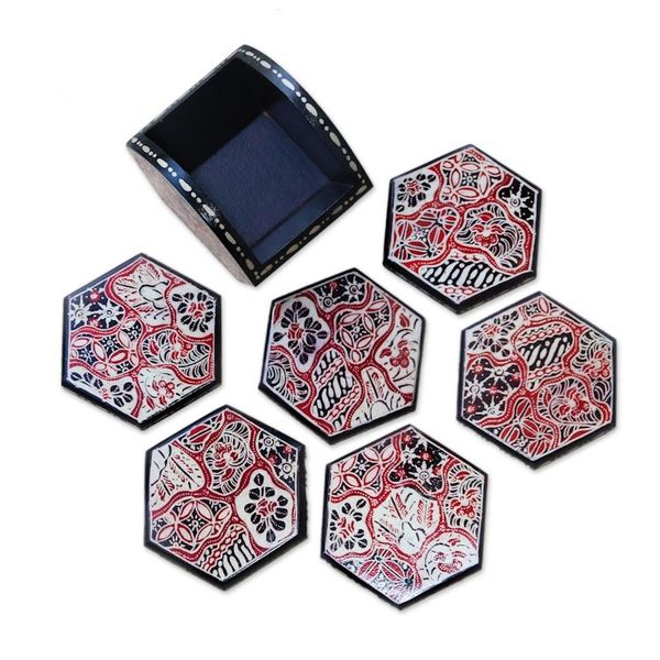 Alternate image for Red and Black Floral Batik Set of Six Wadang Wood Coasters Sekarjagad