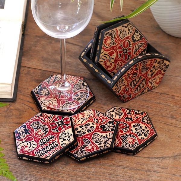 Alternate image for Red and Black Floral Batik Set of Six Wadang Wood Coasters Sekarjagad