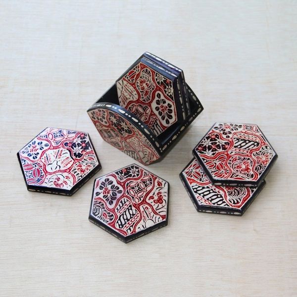 Alternate image for Red and Black Floral Batik Set of Six Wadang Wood Coasters Sekarjagad