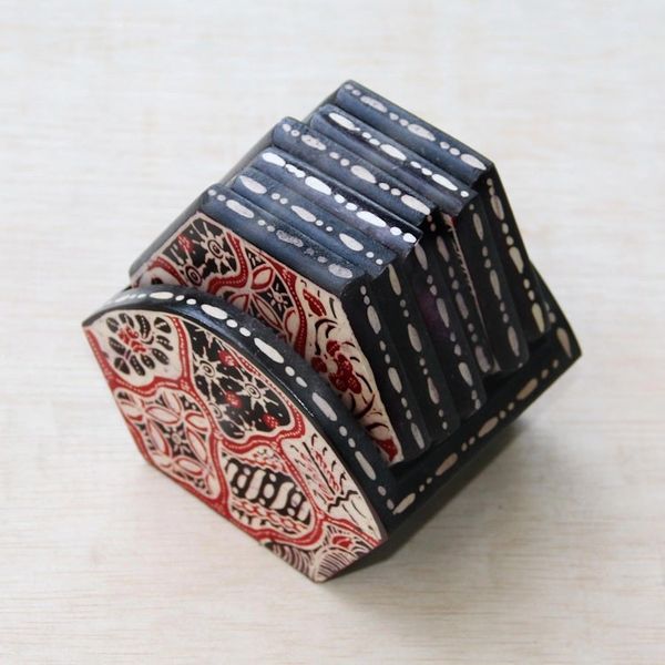 Alternate image for Red and Black Floral Batik Set of Six Wadang Wood Coasters Sekarjagad