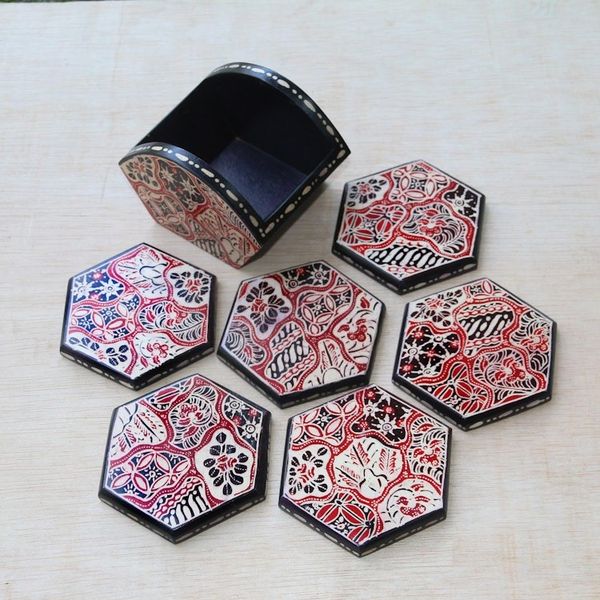 Alternate image for Red and Black Floral Batik Set of Six Wadang Wood Coasters Sekarjagad