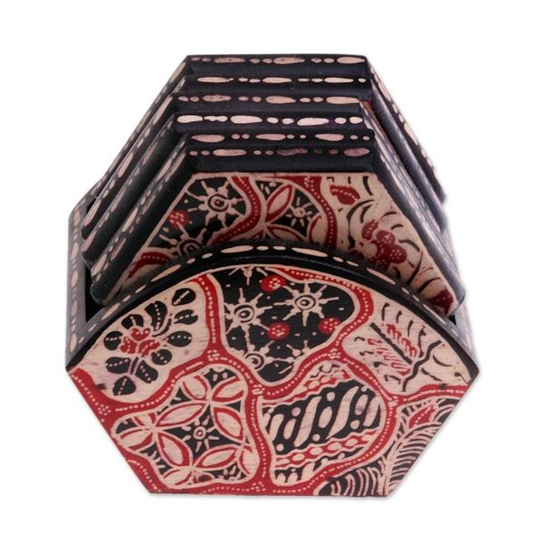 Alternate image for Red and Black Floral Batik Set of Six Wadang Wood Coasters Sekarjagad