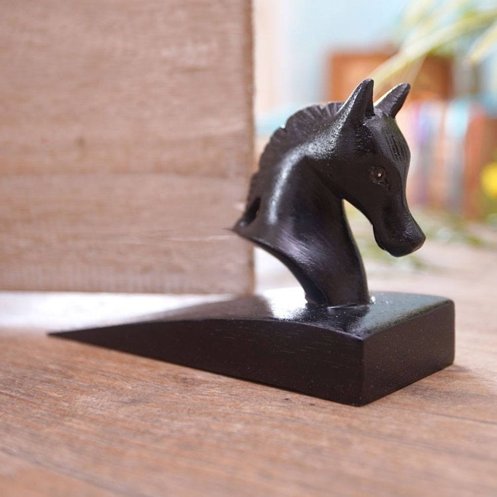 Hand Carved Suar Wood Horse Door Stopper in Black from Bali 'Handy Horse in Black'