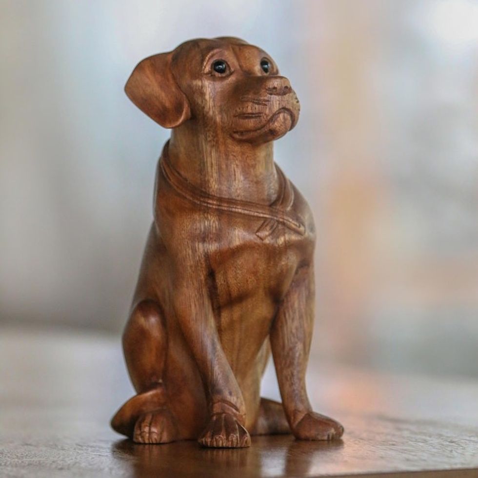 Hand-Carved Suar Wood and Onyx Dog Sculpture from Bali 'Begging Dog'