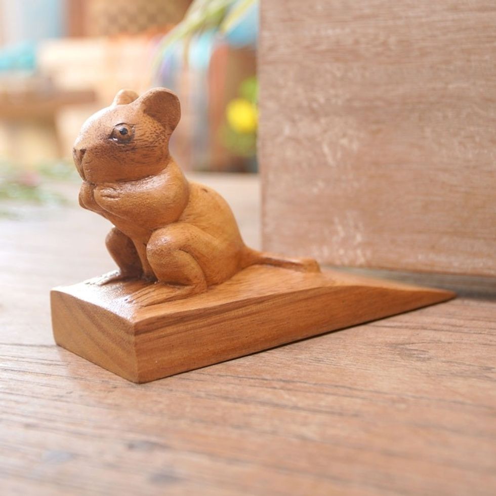 Hand Carved Suar Wood Mouse Door Stopper in Brown from Bali 'Charming Mouse in Brown'