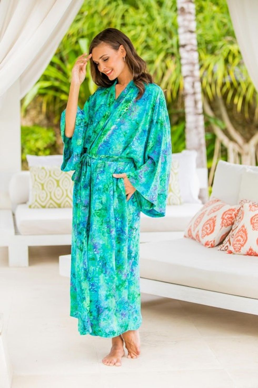 Green and Blue Tie-Dye and Batik Rayon Belted Robe 'Ocean Jungle'