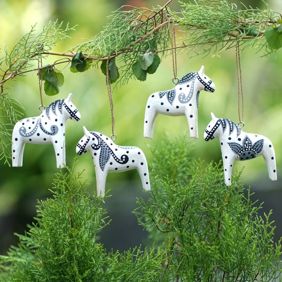 4 Wood White Dala Horse Ornaments Carved  Painted by Hand 'Dala Courage'