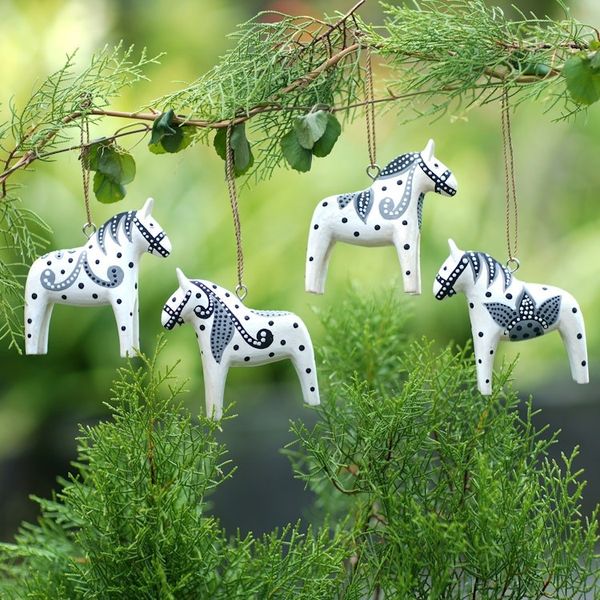 Alternate image for 4 Wood White Dala Horse Ornaments Carved  Painted by Hand Dala Courage