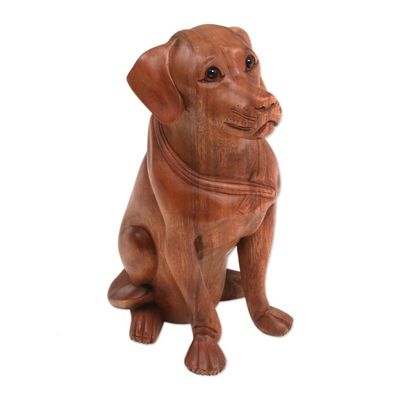 Alternate image for Hand-Carved Suar Wood and Onyx Dog Sculpture from Bali Begging Dog