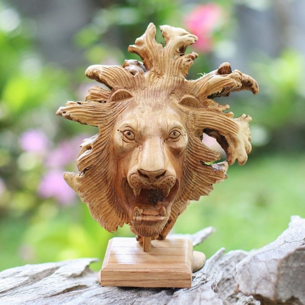 Benalu Wood Lion Sculpture on Stand 'Emerging Lion'