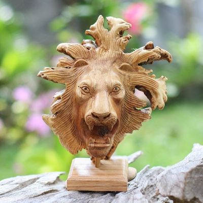 Alternate image for Benalu Wood Lion Sculpture on Stand Emerging Lion