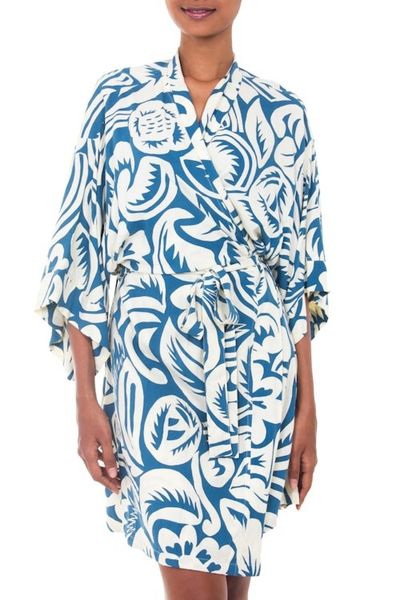 Alternate image for Tropical Print Womens Blue and Ivory Rayon Robe Blue Floral Jungle