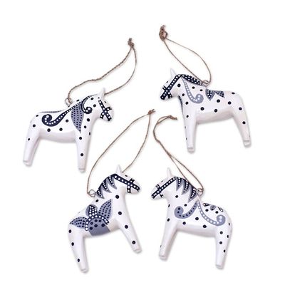 Alternate image for 4 Wood White Dala Horse Ornaments Carved  Painted by Hand Dala Courage