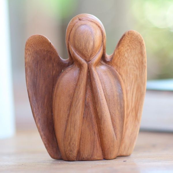Alternate image for Angel Statuette Hand Carved from Wood Watching Angel