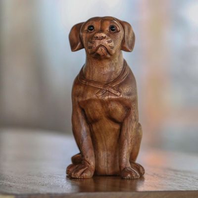 Alternate image for Hand-Carved Suar Wood and Onyx Dog Sculpture from Bali Begging Dog