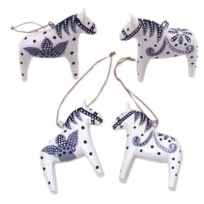 Alternate image for 4 Wood White Dala Horse Ornaments Carved  Painted by Hand Dala Courage