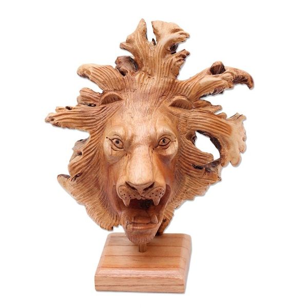 Alternate image for Benalu Wood Lion Sculpture on Stand Emerging Lion