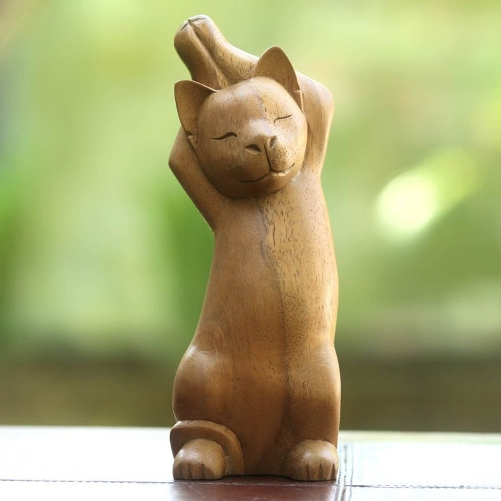 Handcrafted Wood Cat Sculpture 'Kitty Cat Stretch'