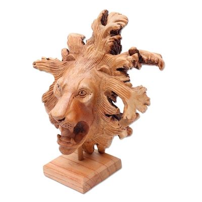 Alternate image for Benalu Wood Lion Sculpture on Stand Emerging Lion