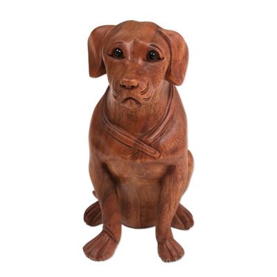 Alternate image for Hand-Carved Suar Wood and Onyx Dog Sculpture from Bali Begging Dog