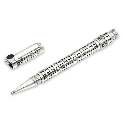 Alternate image for Handcrafted Ballpoint Pen in Sterling Silver with Garnet Polka Dot