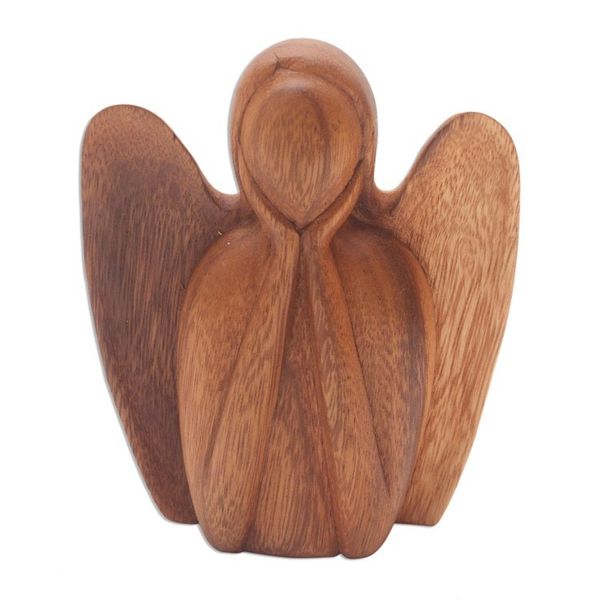 Alternate image for Angel Statuette Hand Carved from Wood Watching Angel