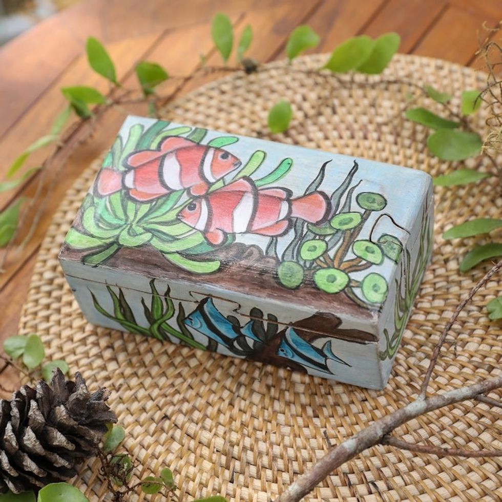 Hand-Painted Suar Wood Decorative Box with Marine Scene 'Secret Ocean'