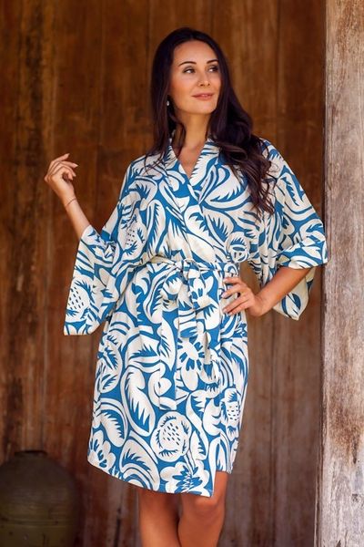 Alternate image for Tropical Print Womens Blue and Ivory Rayon Robe Blue Floral Jungle