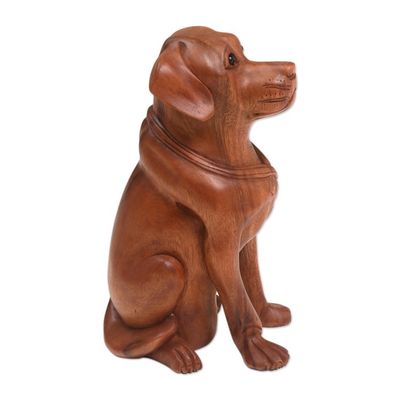 Alternate image for Hand-Carved Suar Wood and Onyx Dog Sculpture from Bali Begging Dog