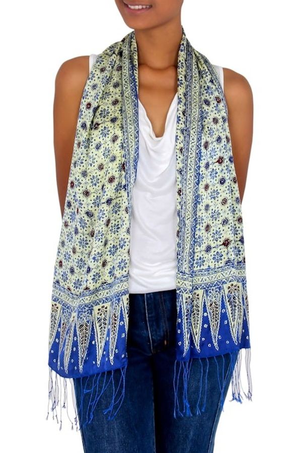 Alternate image for Batik Silk Scarf from Indonesia Blue Jasmine