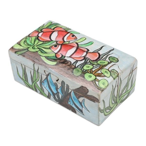 Alternate image for Hand-Painted Suar Wood Decorative Box with Marine Scene Secret Ocean