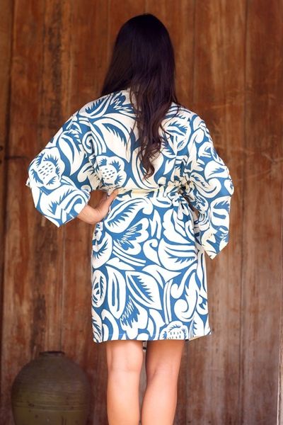 Alternate image for Tropical Print Womens Blue and Ivory Rayon Robe Blue Floral Jungle