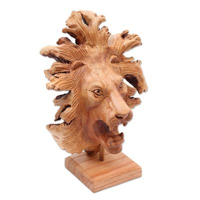 Alternate image for Benalu Wood Lion Sculpture on Stand Emerging Lion