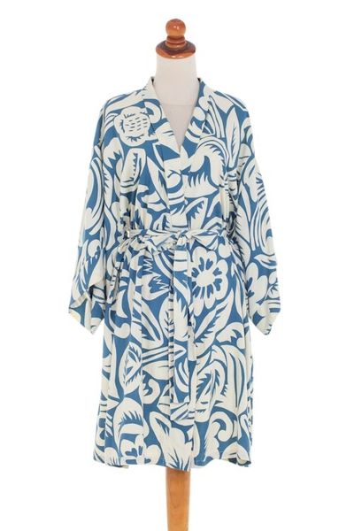 Alternate image for Tropical Print Womens Blue and Ivory Rayon Robe Blue Floral Jungle