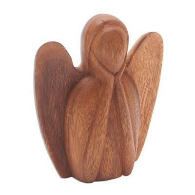 Alternate image for Angel Statuette Hand Carved from Wood Watching Angel
