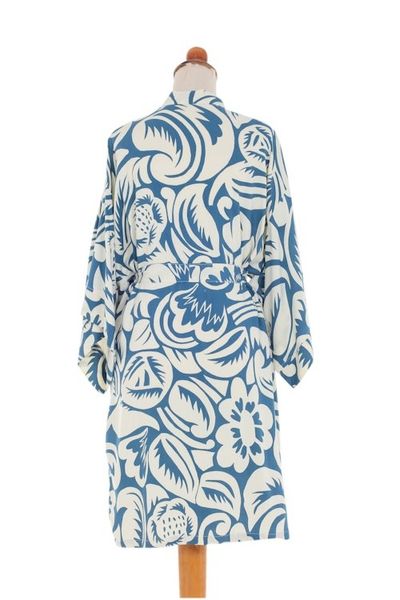 Alternate image for Tropical Print Womens Blue and Ivory Rayon Robe Blue Floral Jungle