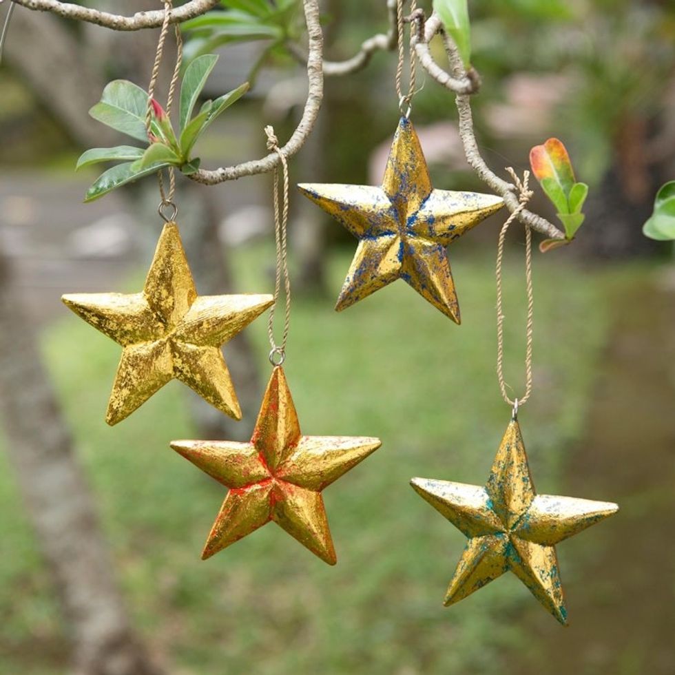 Hand Carved Star-Motif Holiday Ornaments Set of 4 'Seeing Stars'