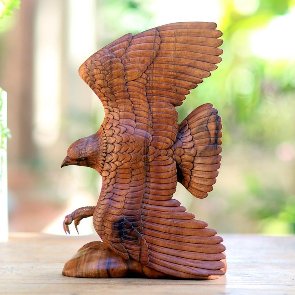 Hand Carved Realistic Wood Eagle Sculpture from Bali 'Flying Brown Eagle'