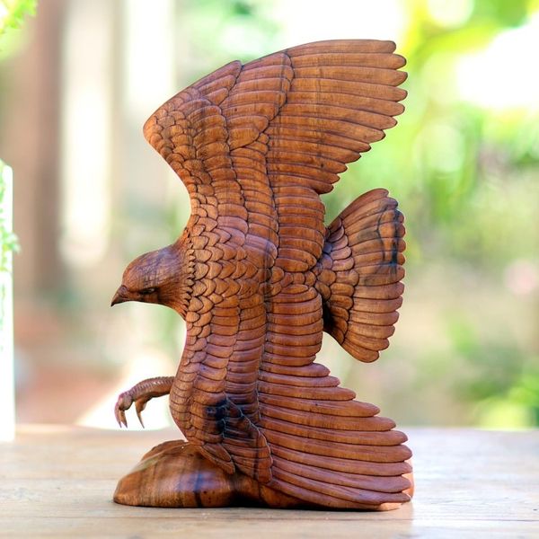 Alternate image for Hand Carved Realistic Wood Eagle Sculpture from Bali Flying Brown Eagle