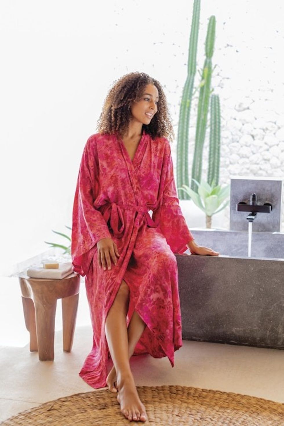 Batik Rayon Robe in Rose and Berry Pink from Bali 'Batik Blush'