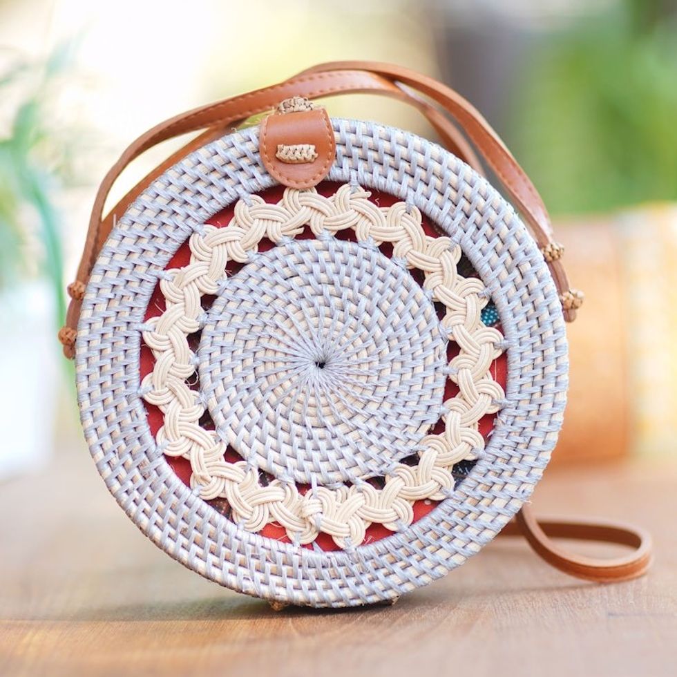 Bamboo and Faux Leather Sling Bag from Bali 'Braided Day in Grey'